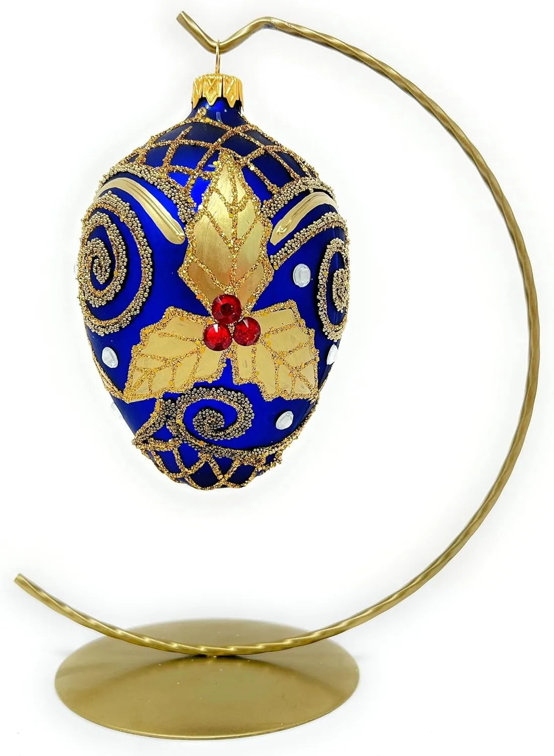 Fabergé Egg 5-inch Blown Glass Christmas Tree Ornament Navy Blue with Gold Embellishments Mistletoe Leaves (Sapphire Matte)