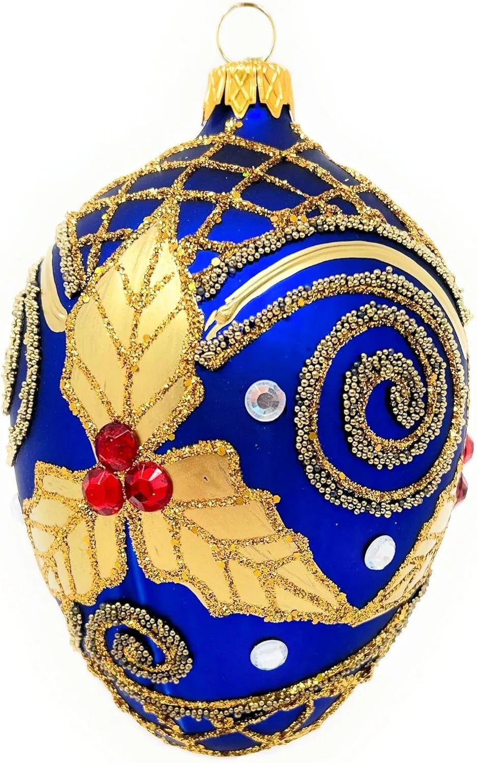 Fabergé Egg 5-inch Blown Glass Christmas Tree Ornament Navy Blue with Gold Embellishments Mistletoe Leaves (Sapphire Matte)