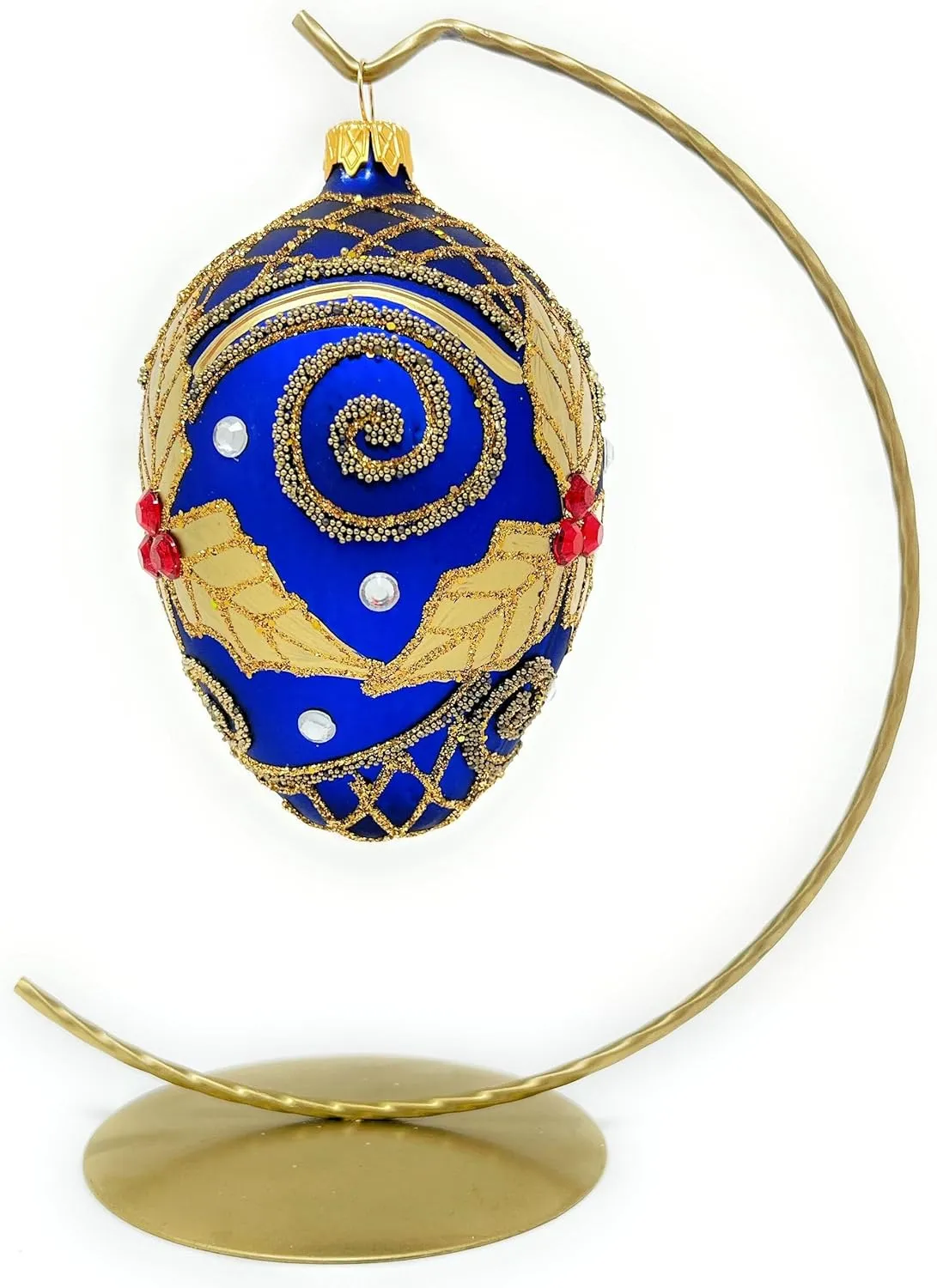 Fabergé Egg 5-inch Blown Glass Christmas Tree Ornament Navy Blue with Gold Embellishments Mistletoe Leaves (Sapphire Matte)