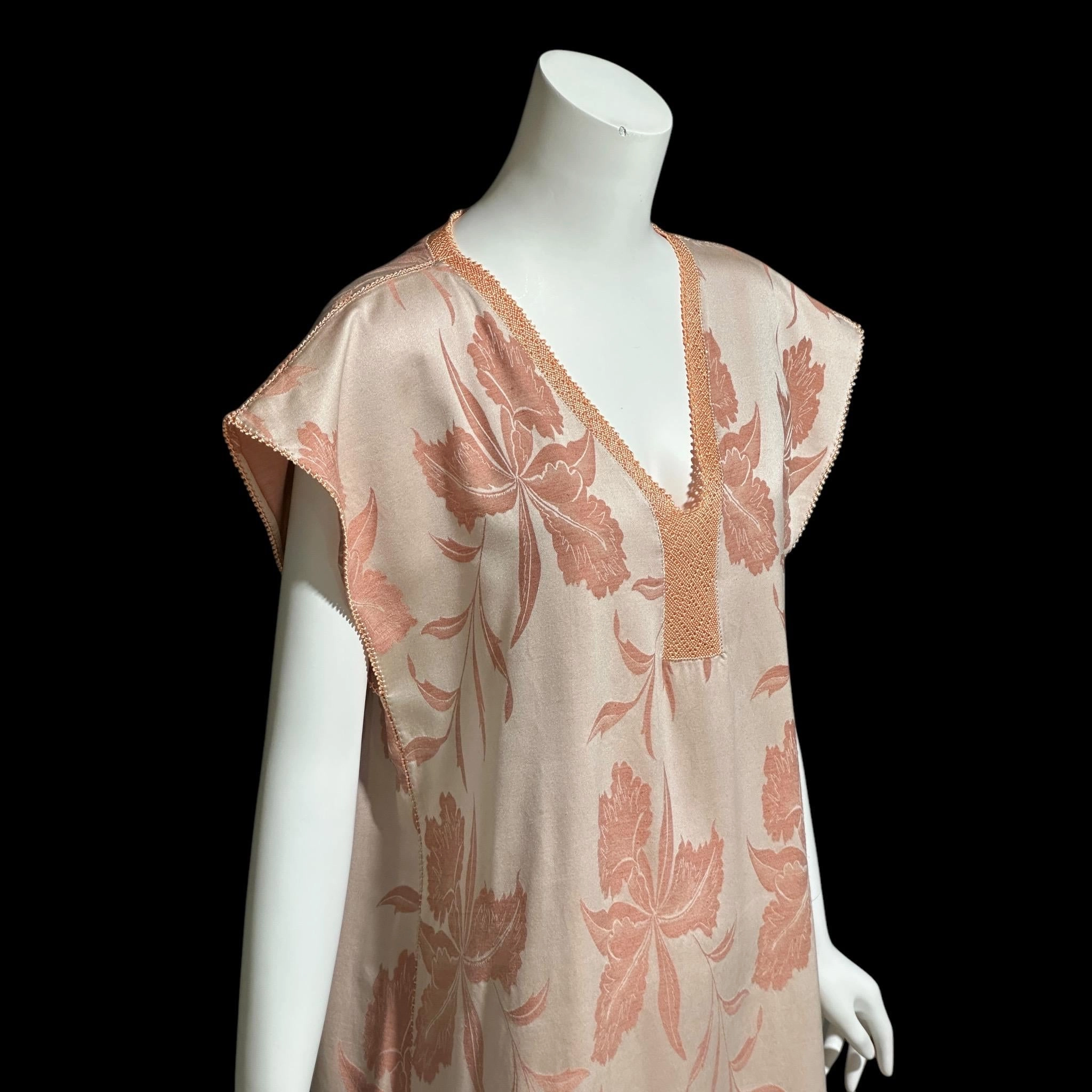 FERNANDO SANCHEZ, vintage 1970s caftan dress, peach brushed cotton Orchid print Kaftan House Dress