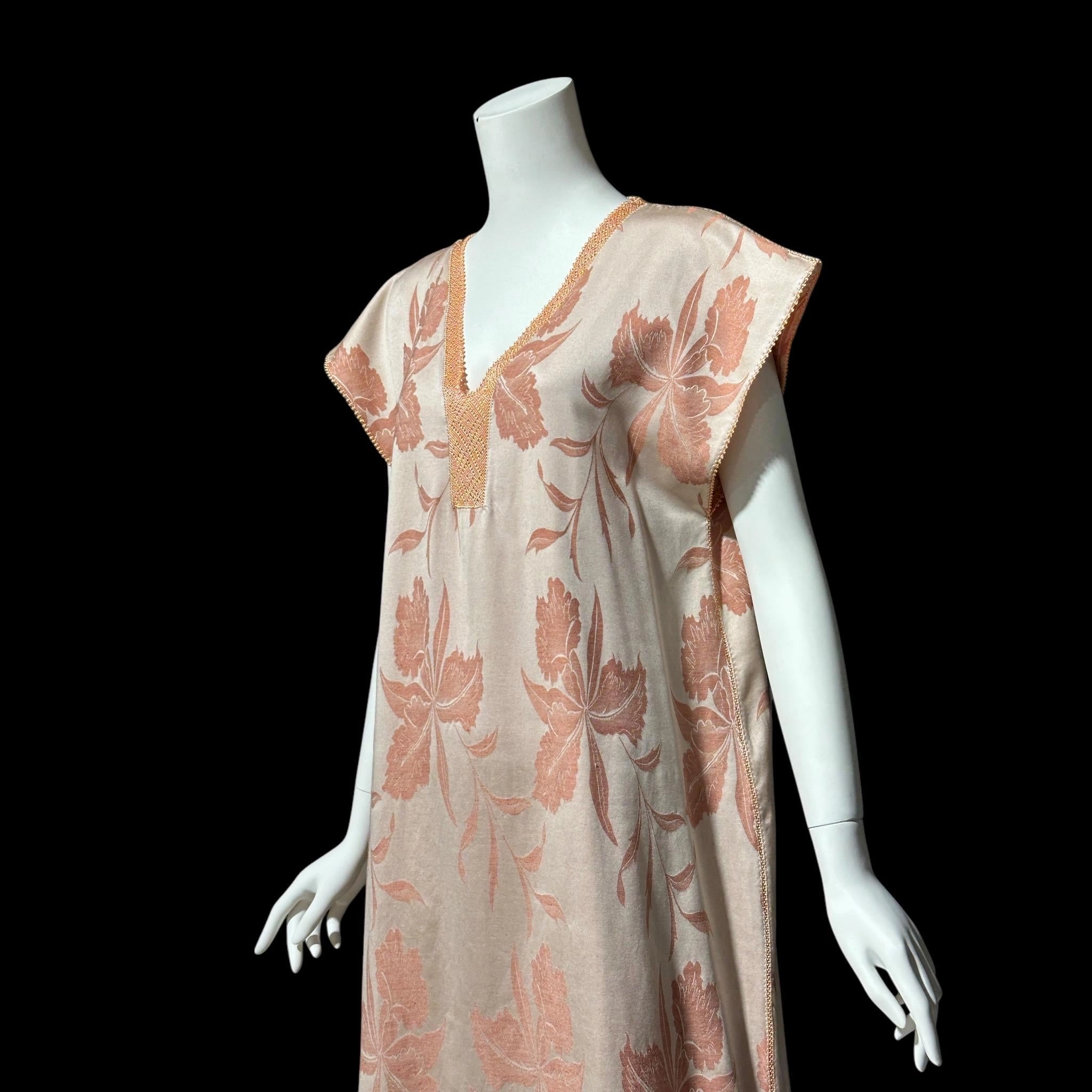 FERNANDO SANCHEZ, vintage 1970s caftan dress, peach brushed cotton Orchid print Kaftan House Dress