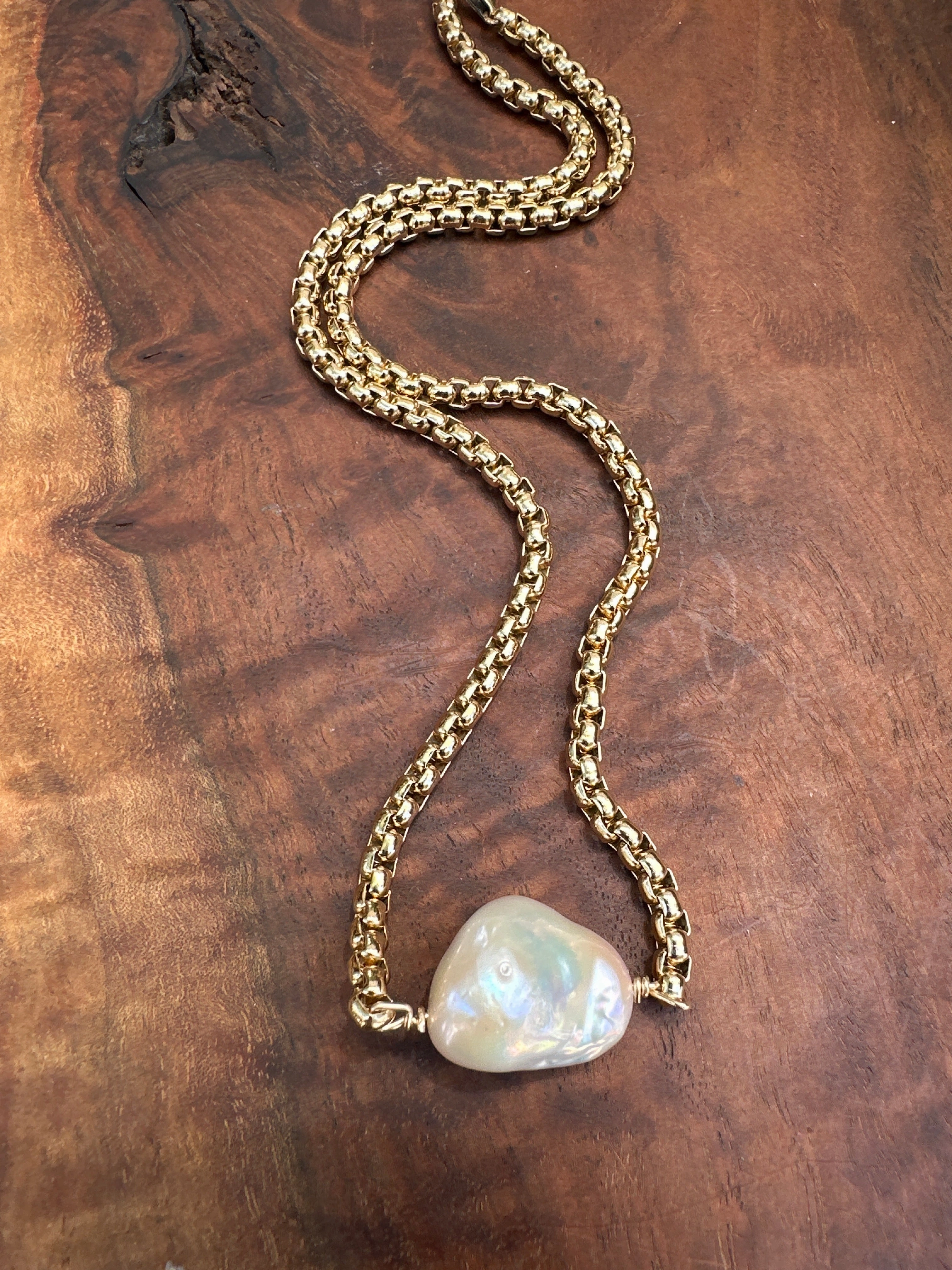 Fireball Baroque Pearl Necklace on Gold Filled Rolled Box Chain