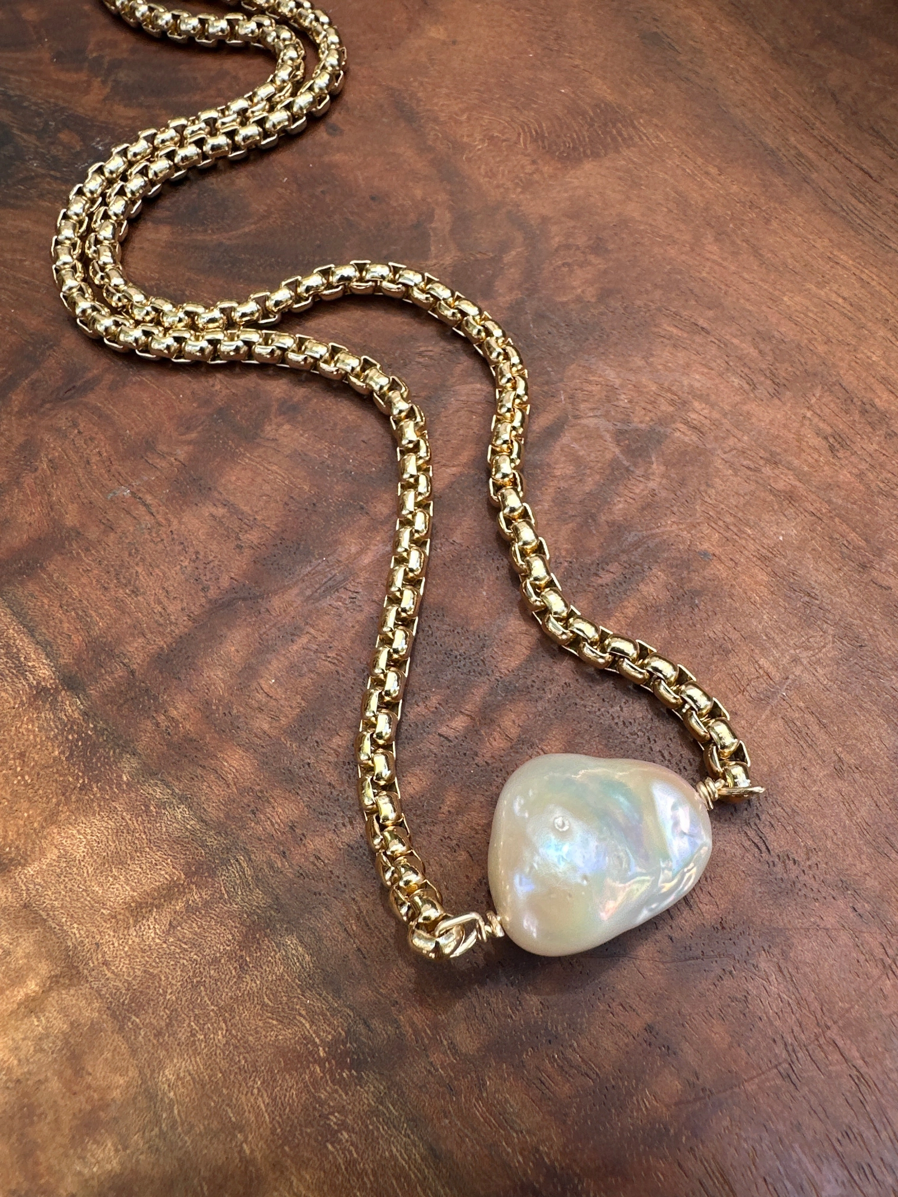 Fireball Baroque Pearl Necklace on Gold Filled Rolled Box Chain