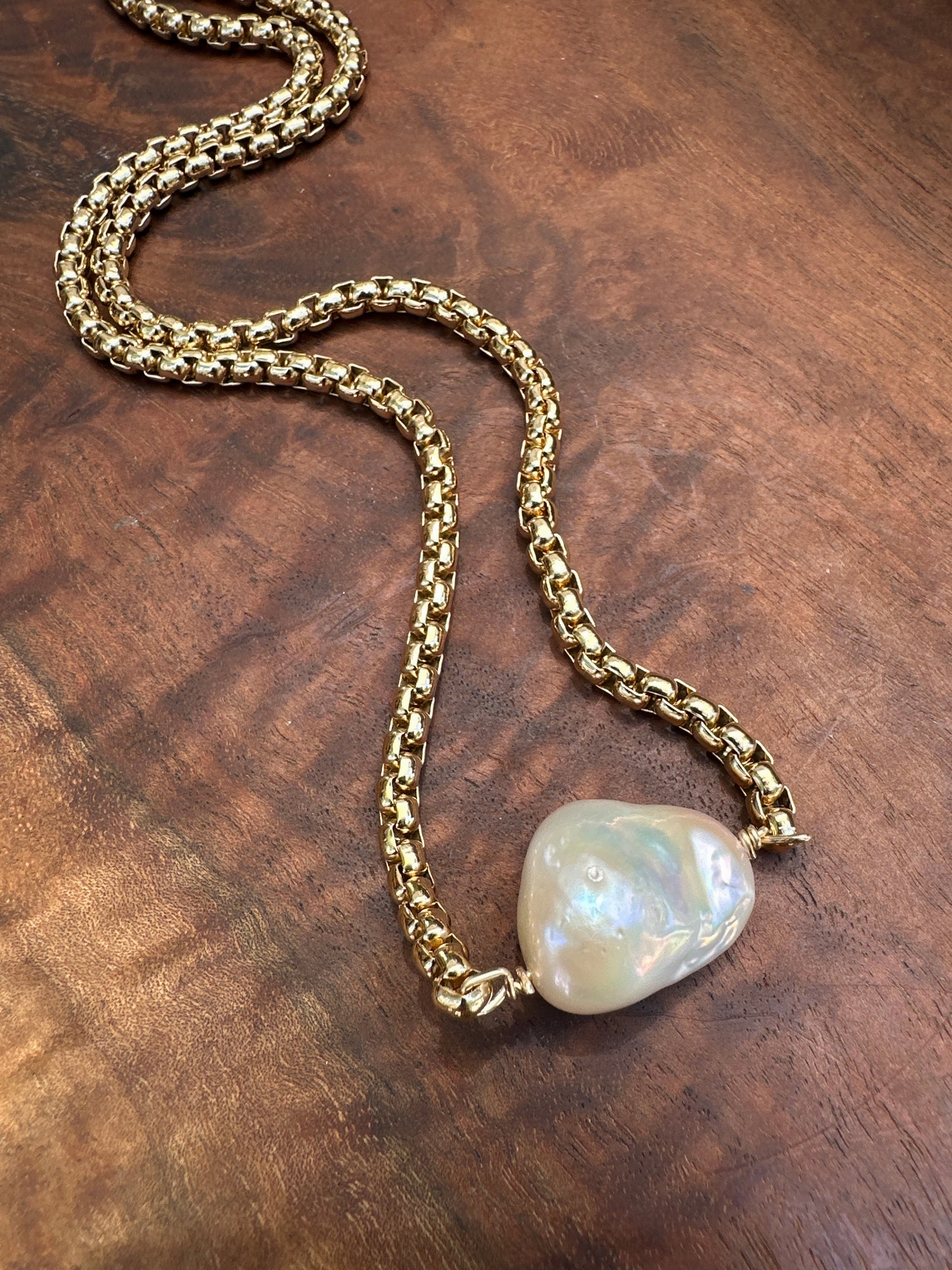 Fireball Baroque Pearl Necklace on Gold Filled Rolled Box Chain