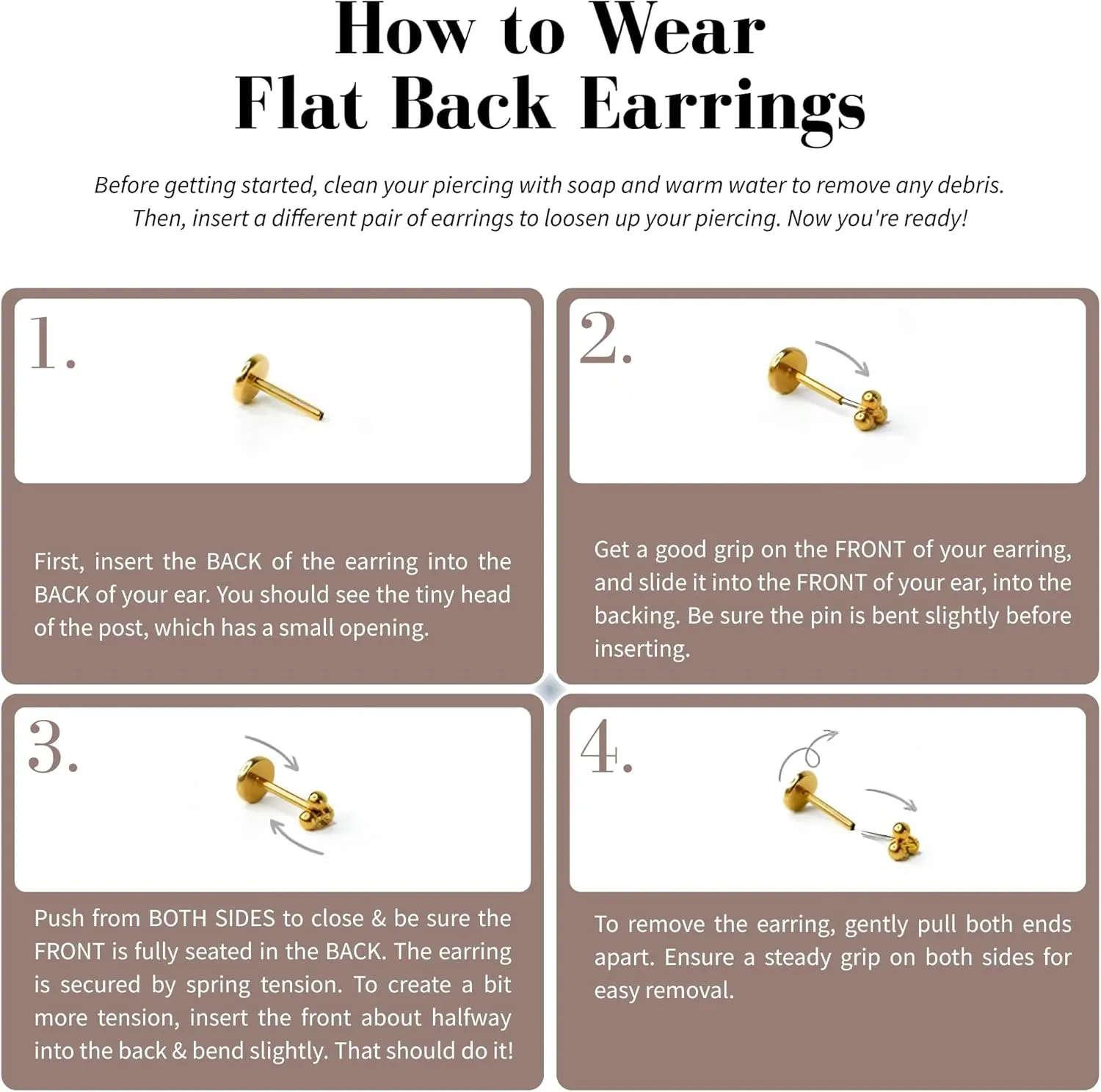 Flat Back Earrings | Hypoallergenic Stud Earrings for Women | Flatback, No-Poke Design | Implant-Grade Titanium Made | Lobe & Cartilage Earrings for Women | Gold & Silver