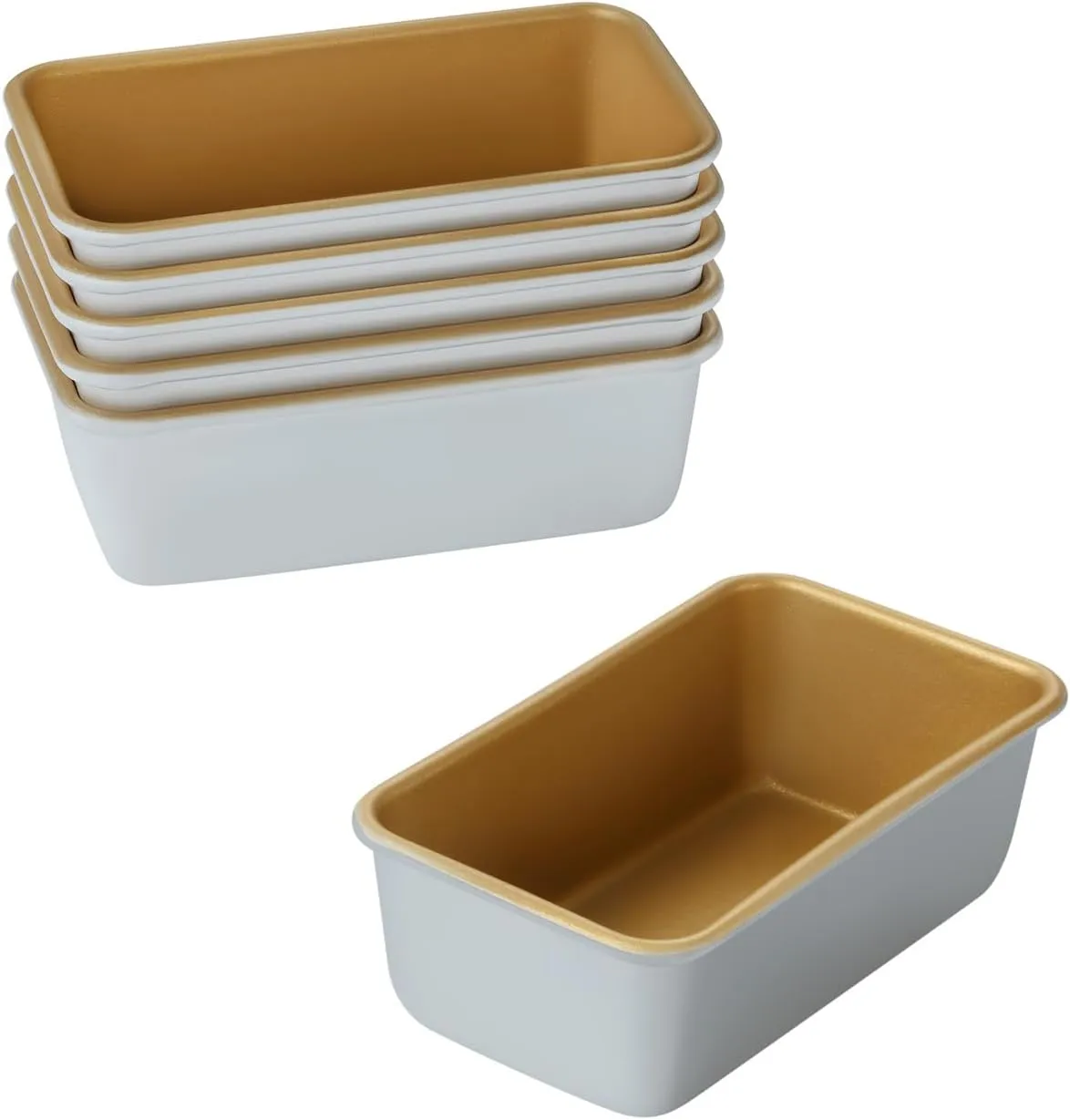 FOR BAKE Non-Stick Oblong Brownie Baking Pan Set - 6-Pack Golden Aluminum Mini Cake & Loaf Pans, 4 x 1 1/2 x 2 Inch - Single Cup Free Combination & Stackable