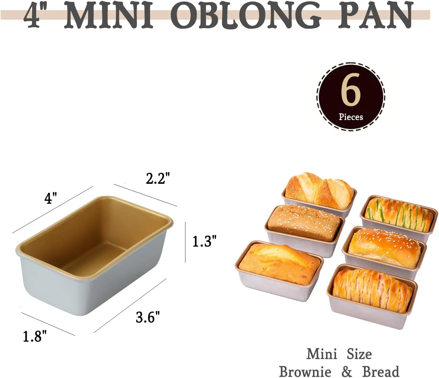 FOR BAKE Non-Stick Oblong Brownie Baking Pan Set - 6-Pack Golden Aluminum Mini Cake & Loaf Pans, 4 x 1 1/2 x 2 Inch - Single Cup Free Combination & Stackable