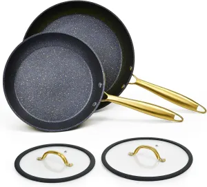 Frying Pan Set No stick with Lids, 2 Pieces 9.5 inch and 11 inch Nonstick Granite Skillet with Lids and Golden Steel Handle Chef's Pan Cookware Set, Oven Safe