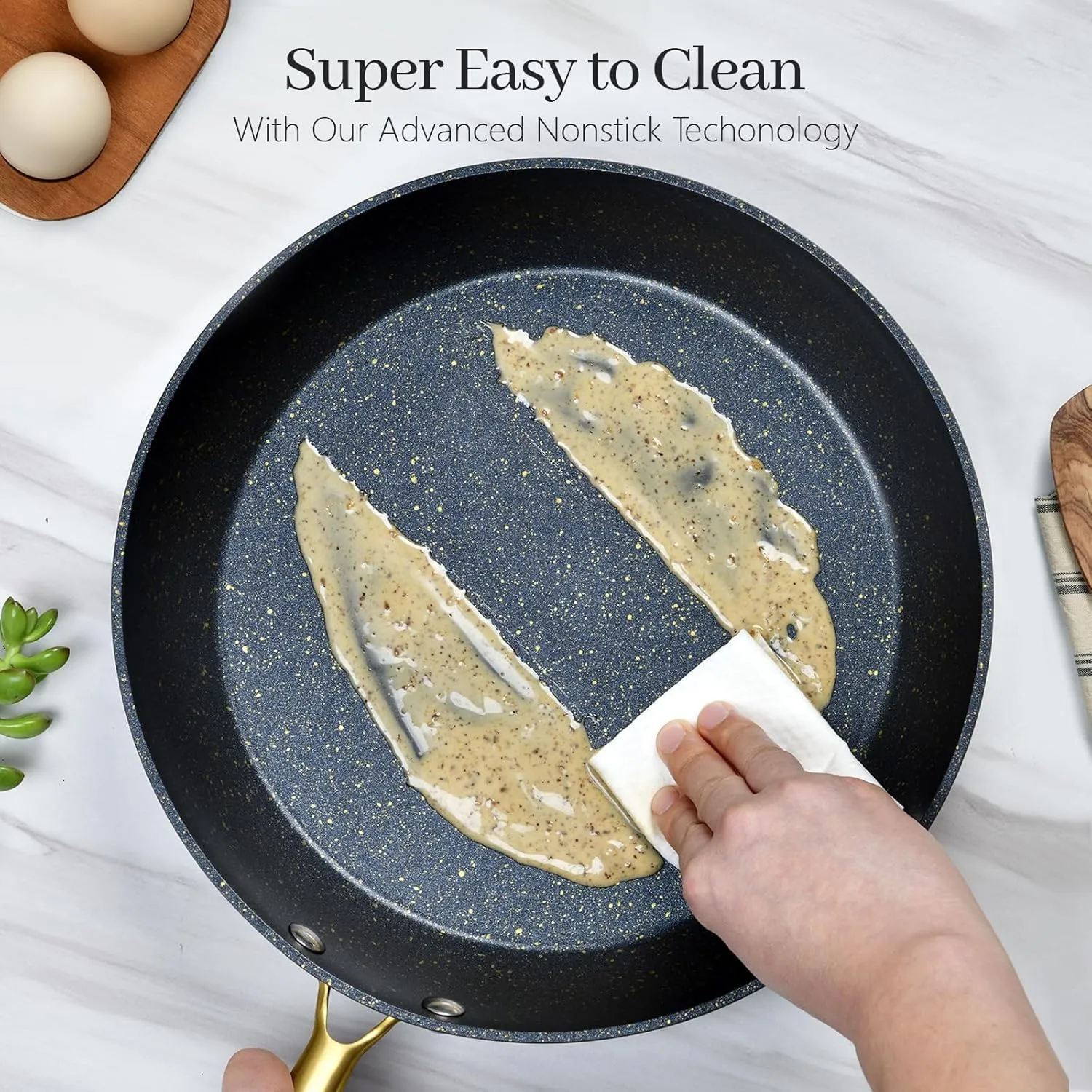 Frying Pan Set No stick with Lids, 2 Pieces 9.5 inch and 11 inch Nonstick Granite Skillet with Lids and Golden Steel Handle Chef's Pan Cookware Set, Oven Safe