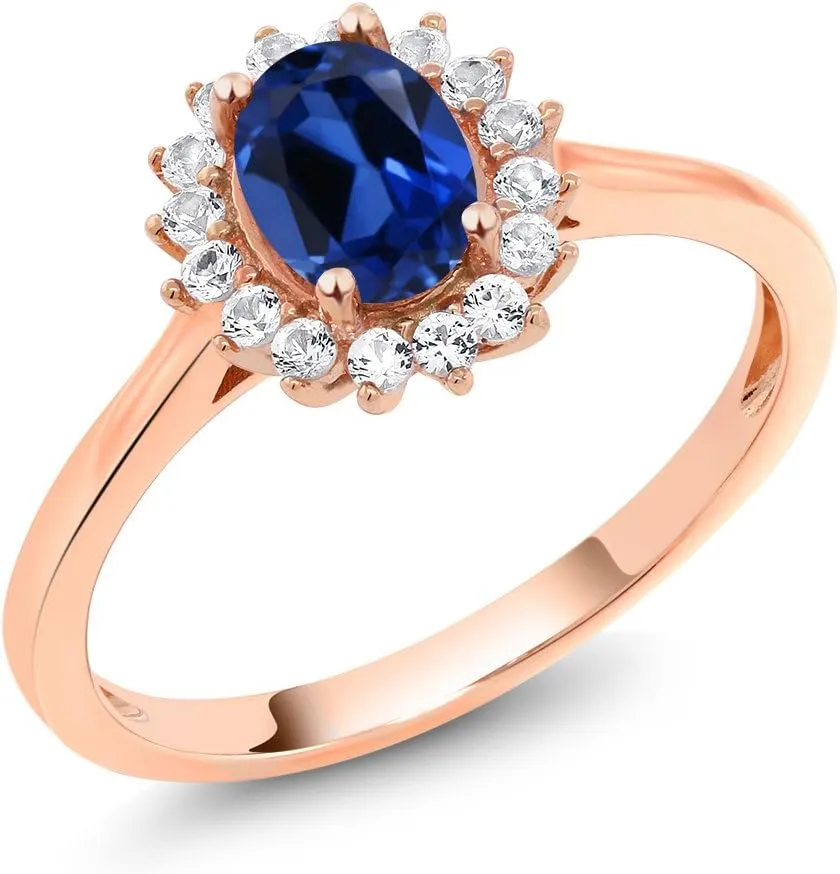 Gem Stone King 10K Rose Gold Oval 7X5MM Gemstone Birthstone and White Created Sapphire Engagement Ring For Women | Available in Size 5,6,7,8,9