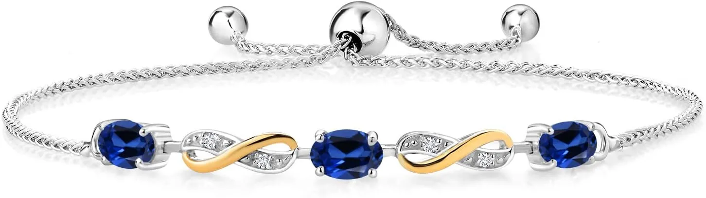 Gem Stone King 1.83 Ct Oval Blue Created Sapphire 925 Silver and 10K Yellow Gold Lab Grown Diamond Adjustable Infinity Bracelet For Women Mother's Mom Wife Her