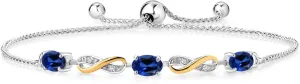 Gem Stone King 1.83 Ct Oval Blue Created Sapphire 925 Silver and 10K Yellow Gold Lab Grown Diamond Adjustable Infinity Bracelet For Women Mother's Mom Wife Her