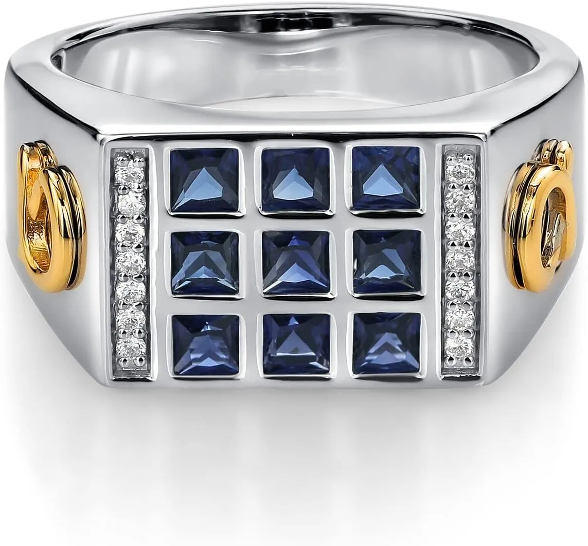 Gem Stone King Men's 10K Yellow Gold and 925 Sterling Silver Blue Created Sapphire and White Lab Grown Diamond Ring (1.27 Ct, Available In Sizes 9 to 13)