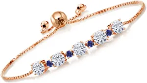Gemstone Birthstone and Blue Created Sapphire Tennis Bracelet for Women in 18K Rose Gold Plated Silver | Round 5MM and 2.5MM | Adjustable Bolo Design | Easy-On Easy-Off | Fully Adjustable Up to 9 Inch