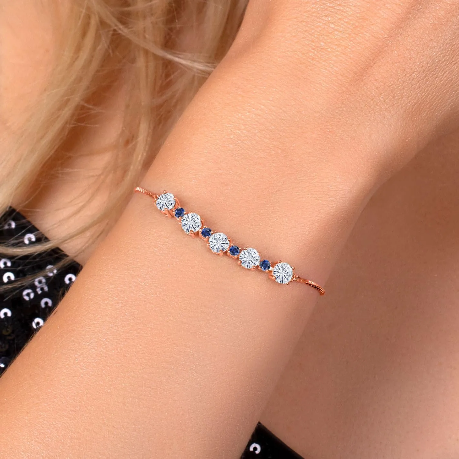Gemstone Birthstone and Blue Created Sapphire Tennis Bracelet for Women in 18K Rose Gold Plated Silver | Round 5MM and 2.5MM | Adjustable Bolo Design | Easy-On Easy-Off | Fully Adjustable Up to 9 Inch