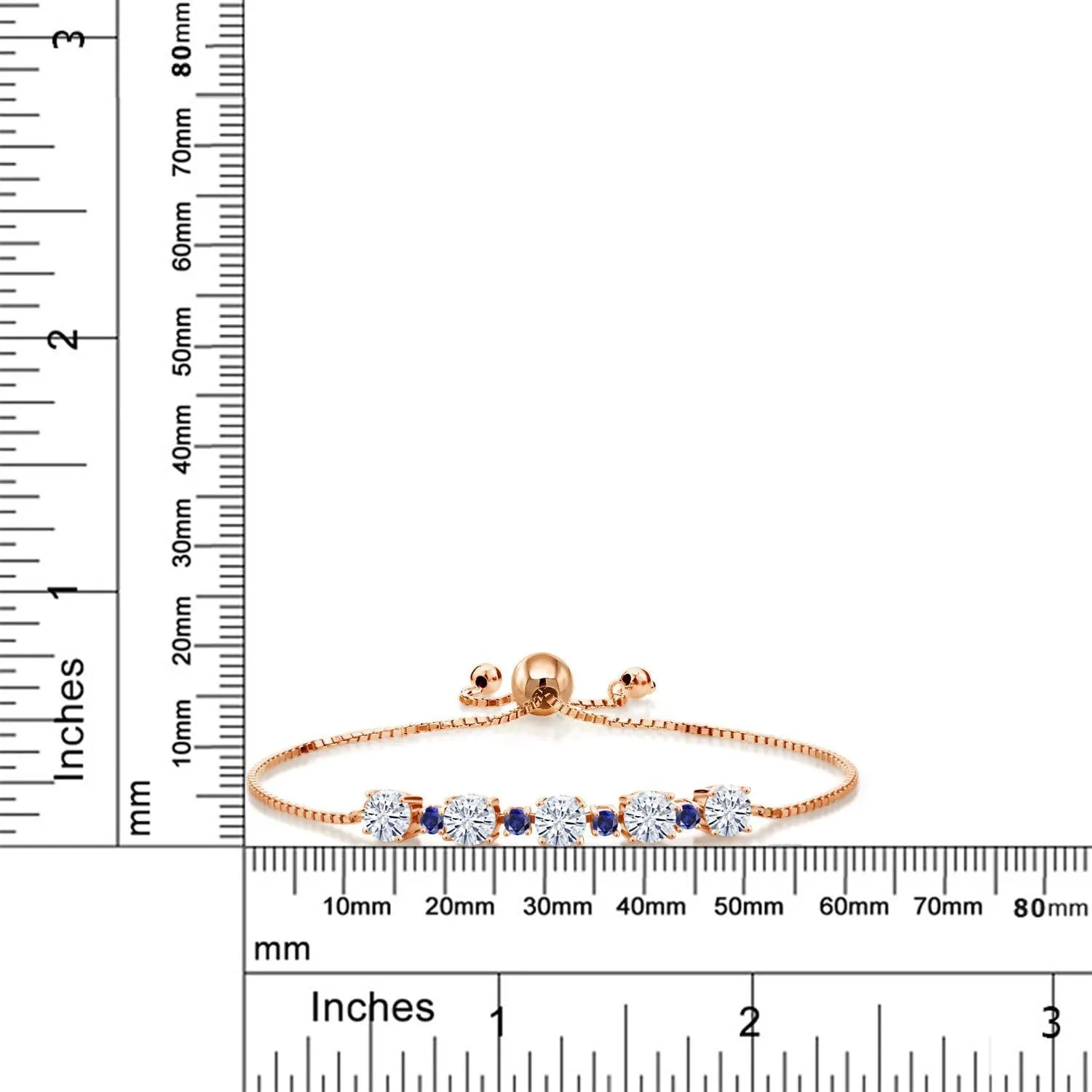 Gemstone Birthstone and Blue Created Sapphire Tennis Bracelet for Women in 18K Rose Gold Plated Silver | Round 5MM and 2.5MM | Adjustable Bolo Design | Easy-On Easy-Off | Fully Adjustable Up to 9 Inch
