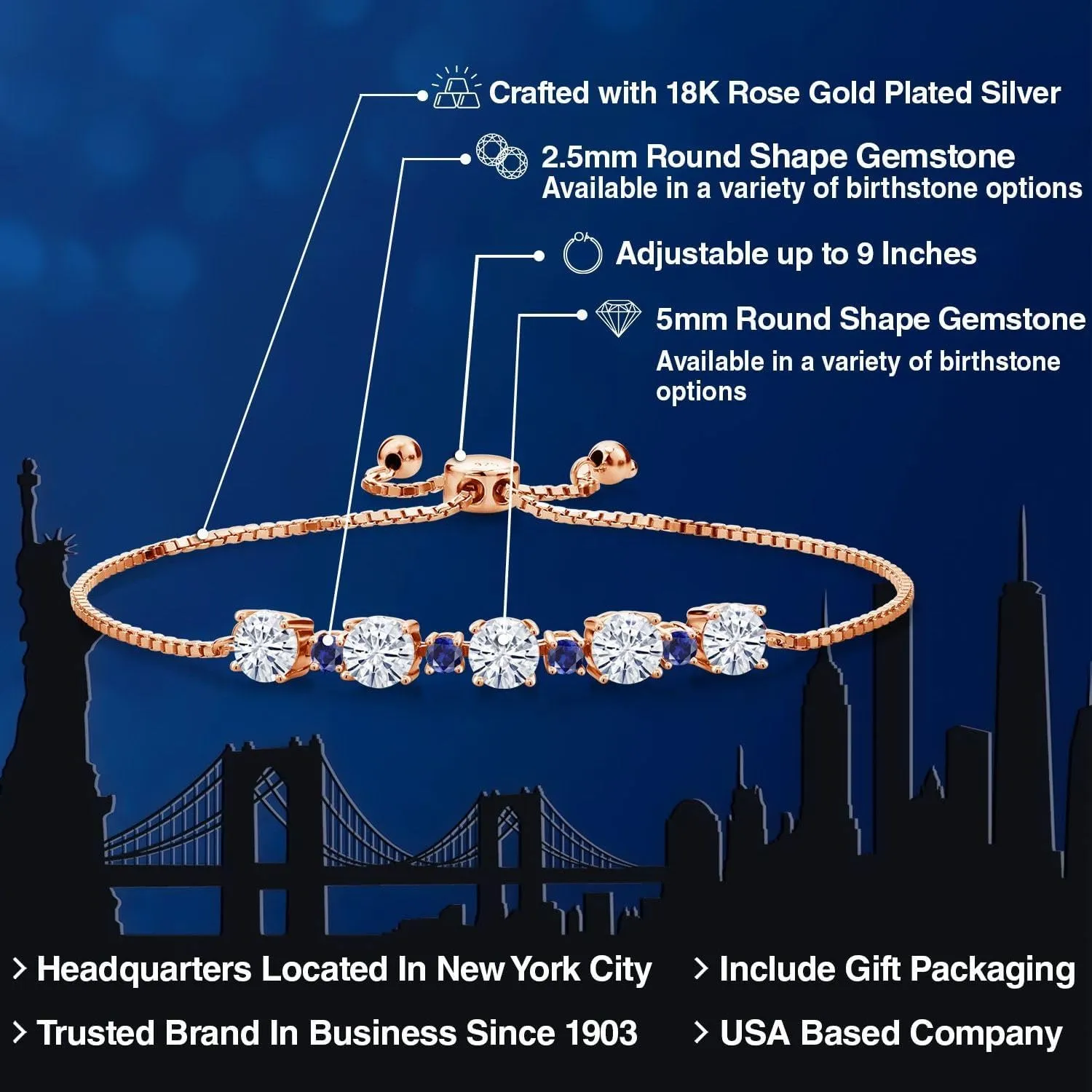Gemstone Birthstone and Blue Created Sapphire Tennis Bracelet for Women in 18K Rose Gold Plated Silver | Round 5MM and 2.5MM | Adjustable Bolo Design | Easy-On Easy-Off | Fully Adjustable Up to 9 Inch