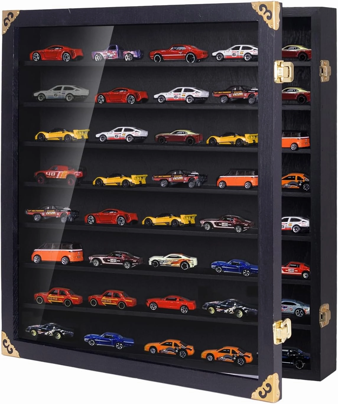 Giant Hot Wheels Display Case with Wall Mounts,Display up to 80 Cars ,Model Hot Toy Cars Storage Organizer,15.7*2.75*16.7 Inches,UV Protection Acrylic Glass Door,Gold Lock,Black