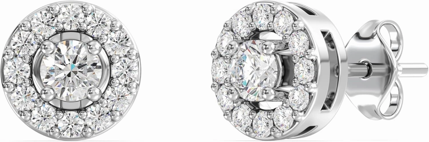Gilded Lab-Grown Diamond Stud Plus Round Halo Earrings for Women, Round Cut, 4-Prong, Push Back, 925 Sterling Silver or 14KTGold-Plated, F Color SI1