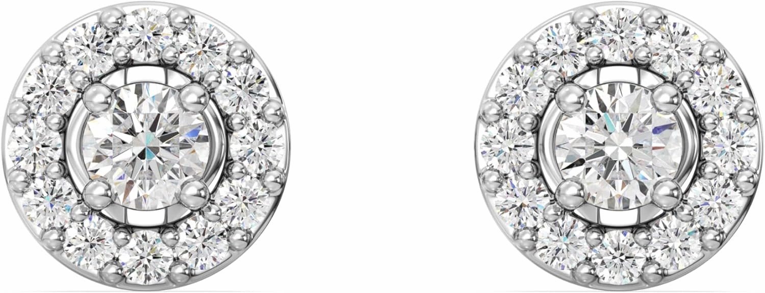 Gilded Lab-Grown Diamond Stud Plus Round Halo Earrings for Women, Round Cut, 4-Prong, Push Back, 925 Sterling Silver or 14KTGold-Plated, F Color SI1