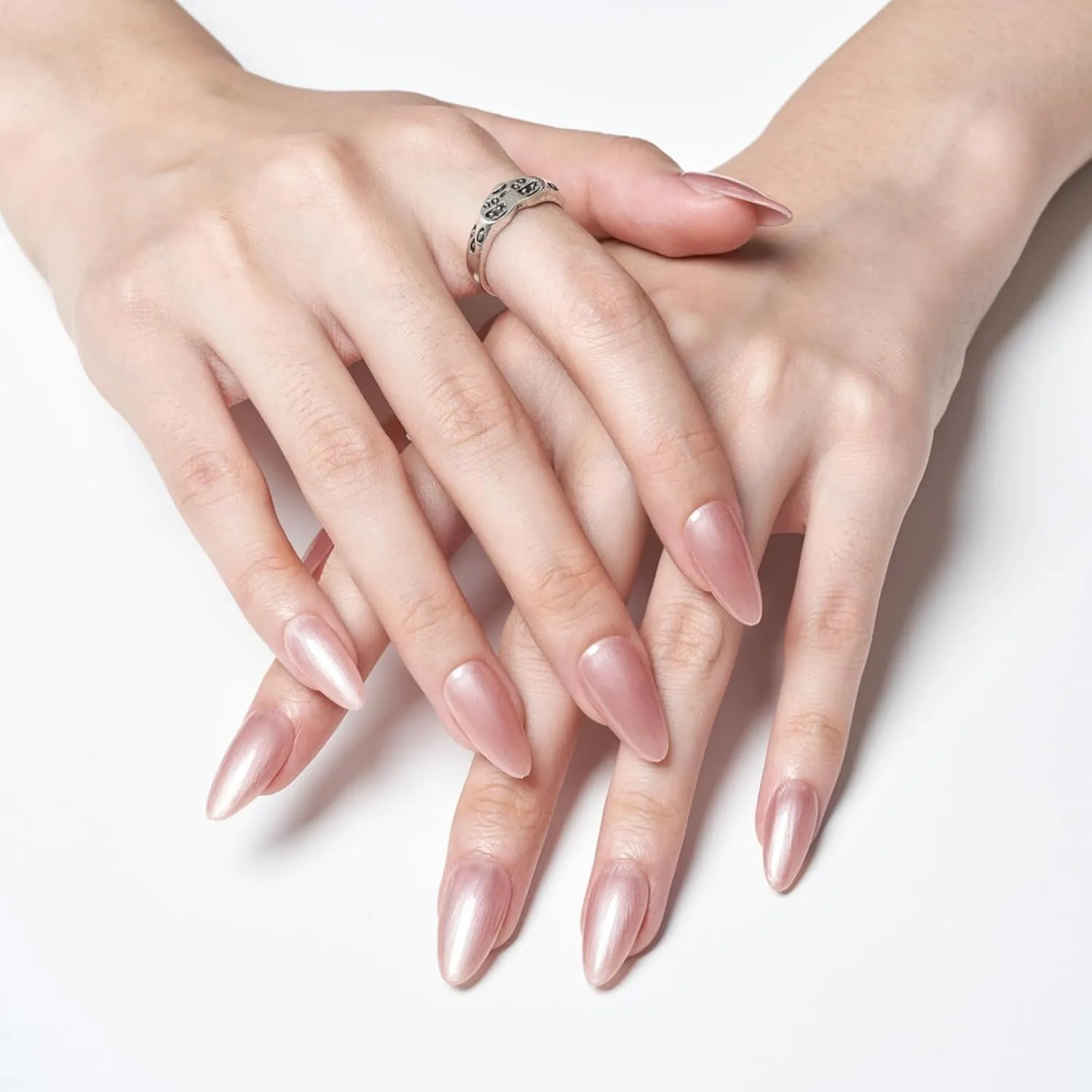 GLAMERMAID Metal Pink Press on Nails Medium Almond, Pearl Pink Glazed Glitter Jelly Soft Gel Fake Nails Stiletto, Glossy Glue on Nails Short Oval, Reusable Acrylic Stick on False Nails Kit for Women