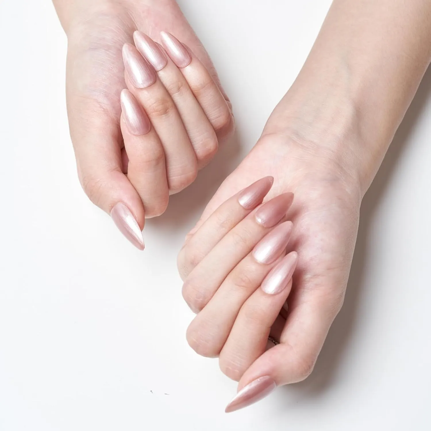 GLAMERMAID Metal Pink Press on Nails Medium Almond, Pearl Pink Glazed Glitter Jelly Soft Gel Fake Nails Stiletto, Glossy Glue on Nails Short Oval, Reusable Acrylic Stick on False Nails Kit for Women