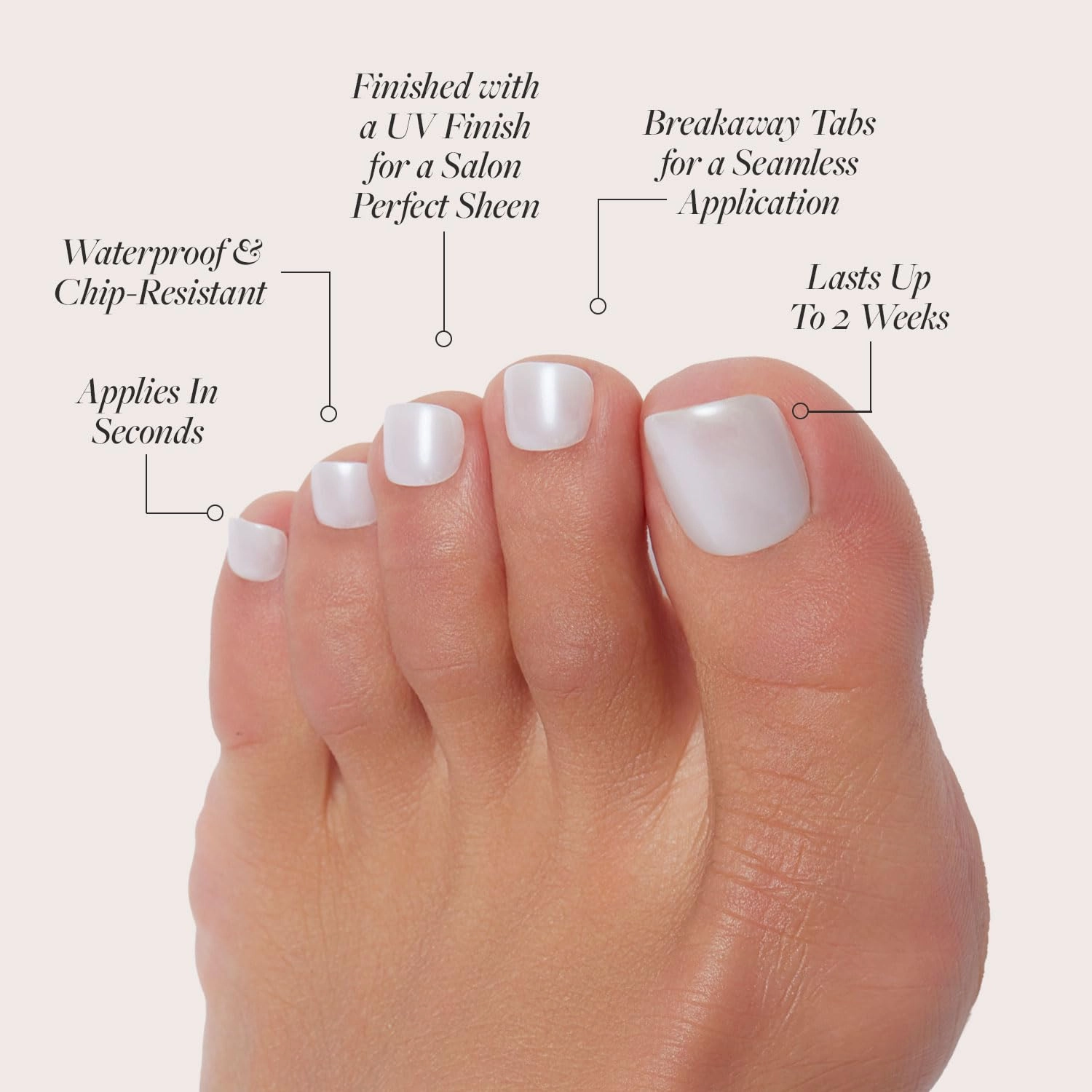 Glamnetic Press On Toenails - Hailey | Soft Pearl White Fake Toe Nails with a Glossy Finish | 16 Sizes - 32 Toe Nail Kit with Glue