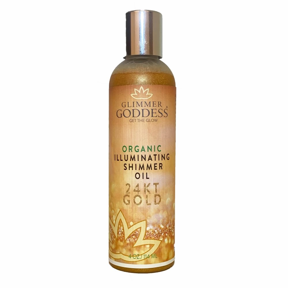 GLIMMER GODDESS Organic Illuminating Shimmer Body & Face Oil – 24K Gold – Hydrating Vegan Formula for Radiant Glow – 4 oz