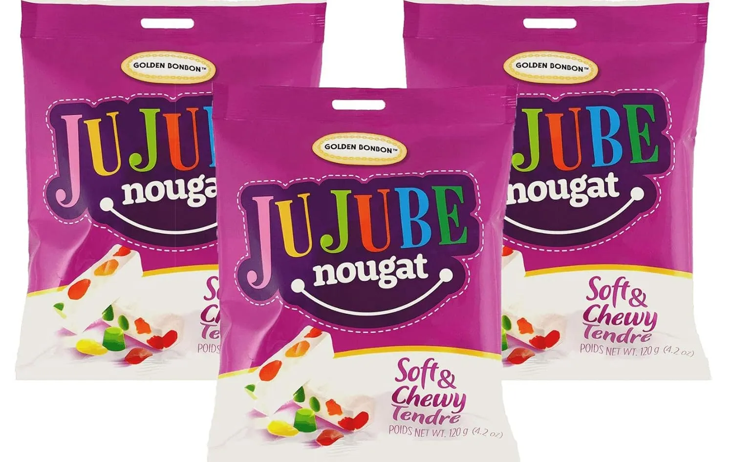 Golden Bonbon Italian Jujube Nougat Candy, Soft and Chewy With Fruity Jelly Beans Original Recipe, 4.2 Ounces - Pack of 3 (Original)