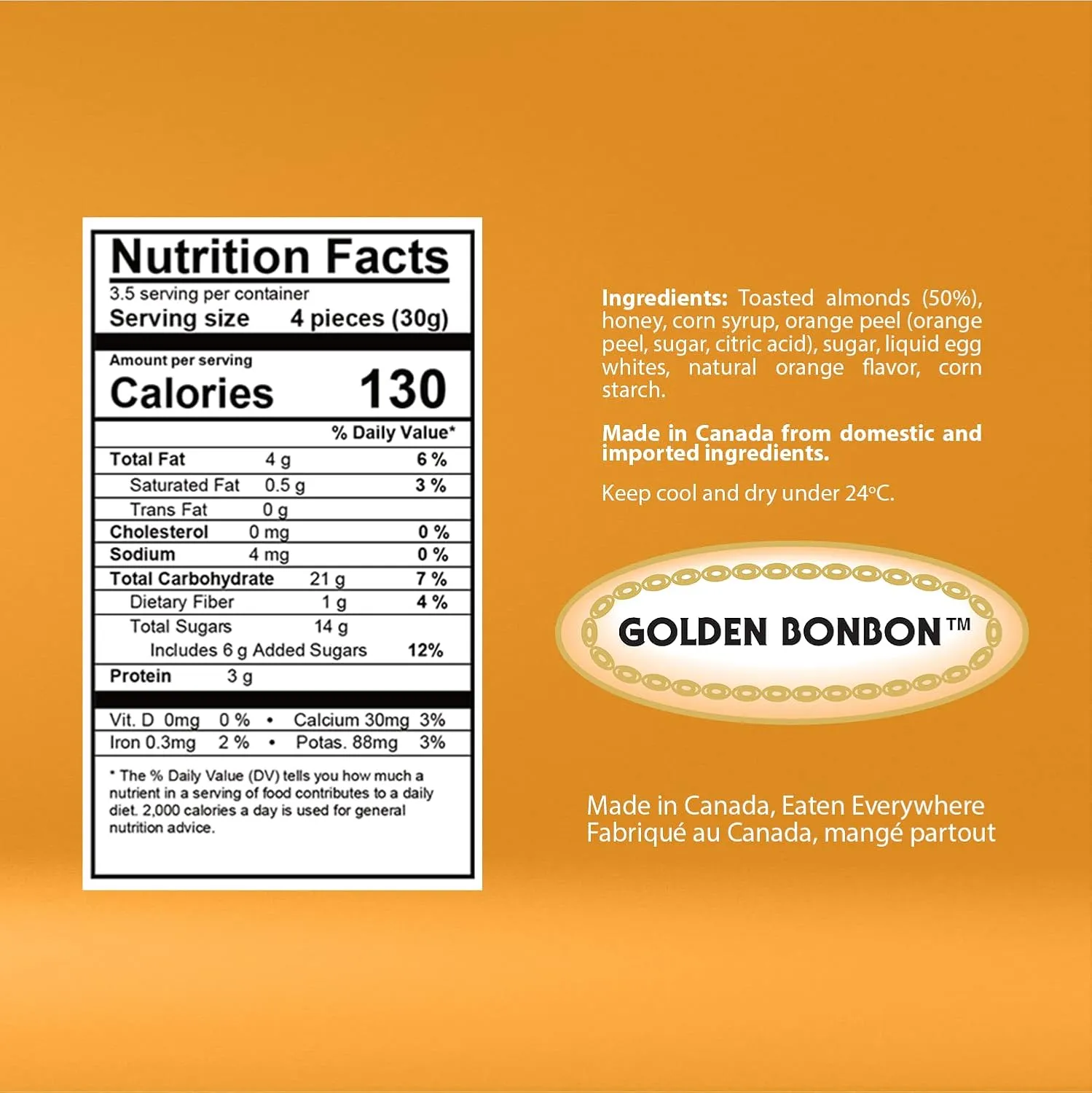 Golden Bonbon Italian Soft Almond Nougat Candy, Individually Packed Chewy, Gluten Free Nougat, Full of Almonds, Halal Candy (16 Oz, Almond Orange)