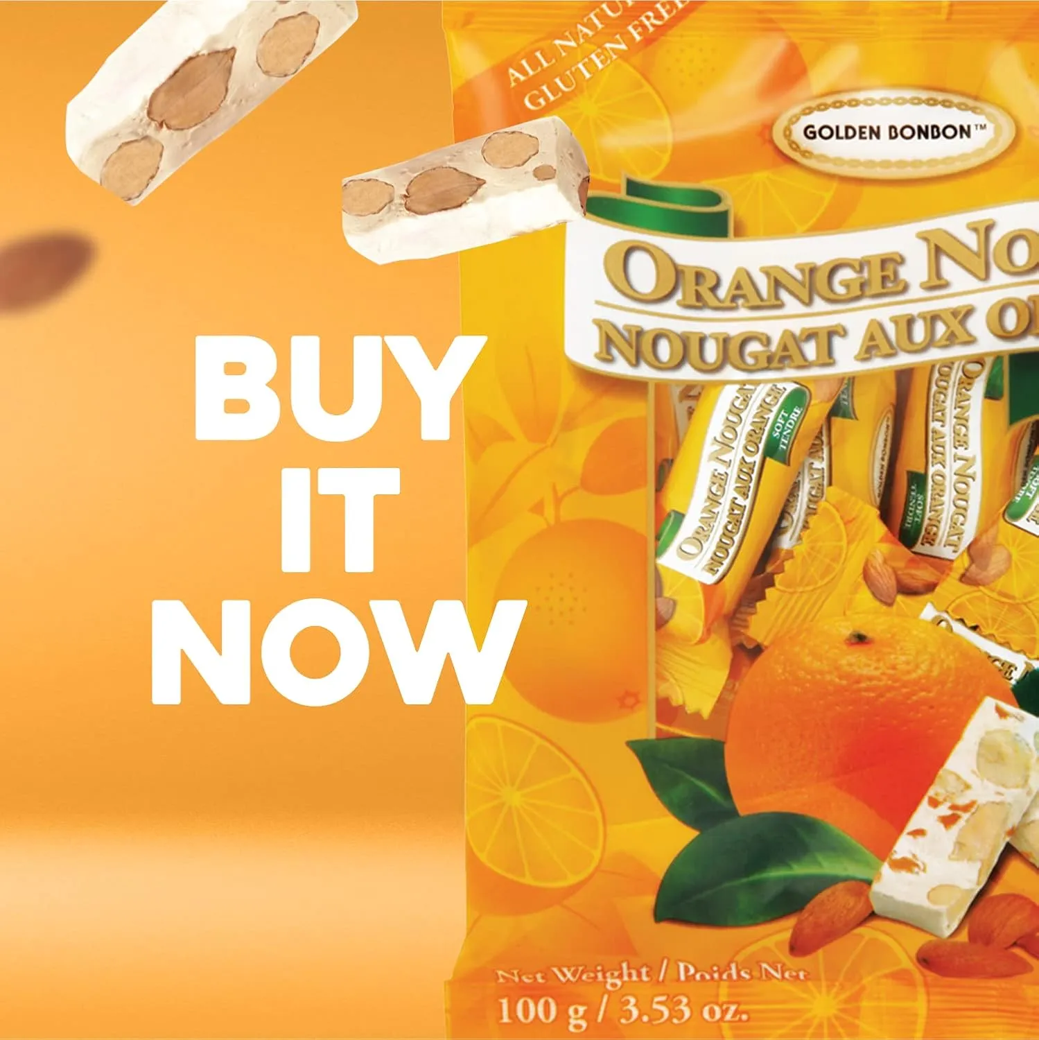 Golden Bonbon Italian Soft Almond Nougat Candy, Individually Packed Chewy, Gluten Free Nougat, Full of Almonds, Halal Candy (16 Oz, Almond Orange)