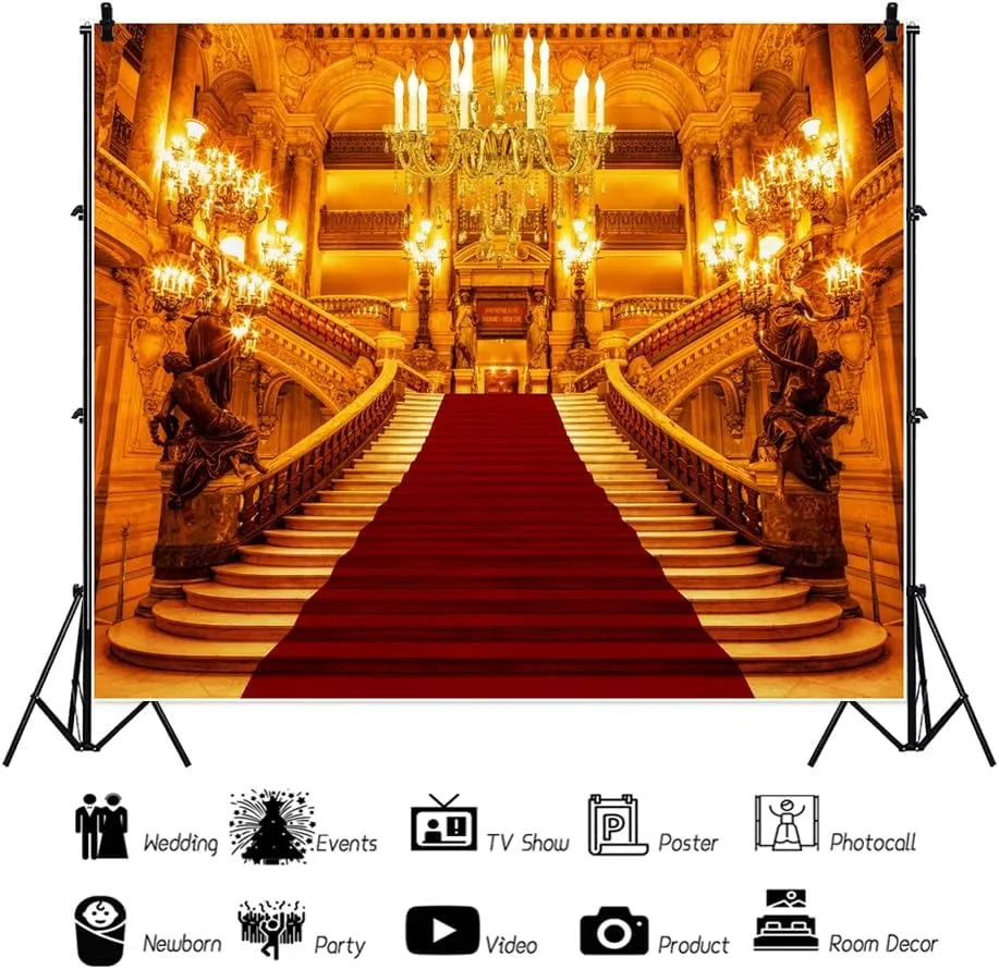 Golden Luxurious Palace Backdrop 10x7ft Fabric Royal Palace Interior Backdrop Chandelier Shining Carpet Stairs Photography Background for Wedding Birthday Party Adults Portrait Studio Props
