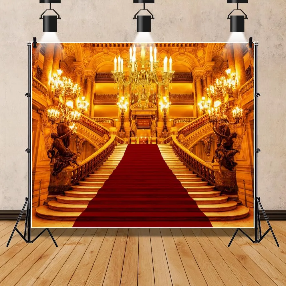 Golden Luxurious Palace Backdrop 10x7ft Fabric Royal Palace Interior Backdrop Chandelier Shining Carpet Stairs Photography Background for Wedding Birthday Party Adults Portrait Studio Props