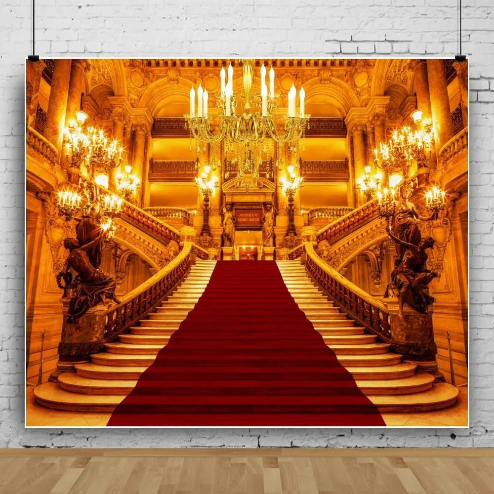 Golden Luxurious Palace Backdrop 10x7ft Fabric Royal Palace Interior Backdrop Chandelier Shining Carpet Stairs Photography Background for Wedding Birthday Party Adults Portrait Studio Props