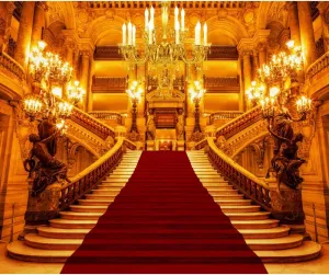 Golden Luxurious Palace Backdrop 10x7ft Fabric Royal Palace Interior Backdrop Chandelier Shining Carpet Stairs Photography Background for Wedding Birthday Party Adults Portrait Studio Props
