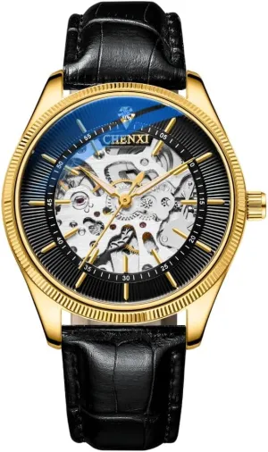 Golden Vintage Skeleton Men Watches Luxury Automatic Mechanical Leather Men Classic Business Waterproof Sport Chronograph Watch
