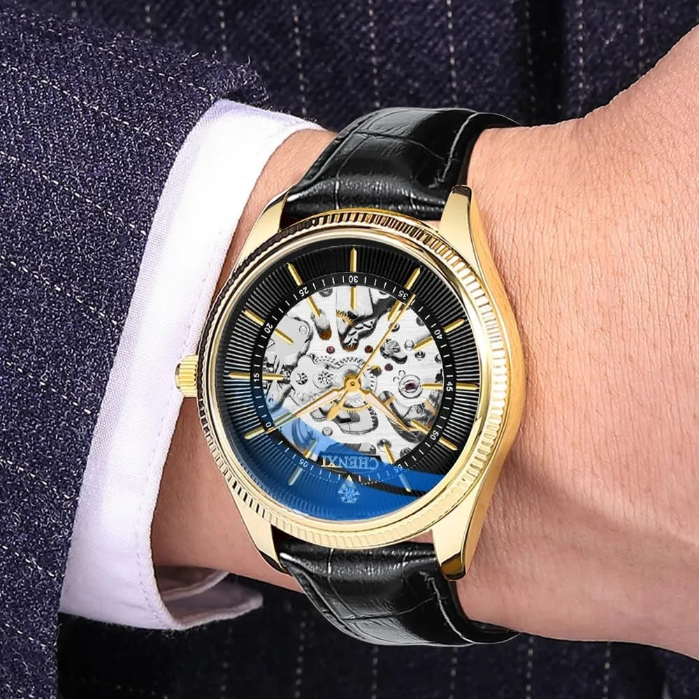 Golden Vintage Skeleton Men Watches Luxury Automatic Mechanical Leather Men Classic Business Waterproof Sport Chronograph Watch