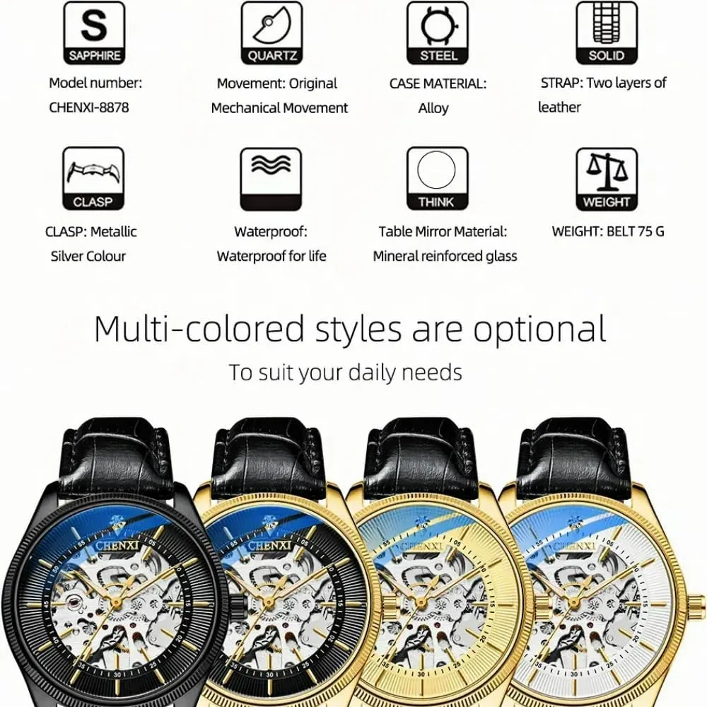 Golden Vintage Skeleton Men Watches Luxury Automatic Mechanical Leather Men Classic Business Waterproof Sport Chronograph Watch