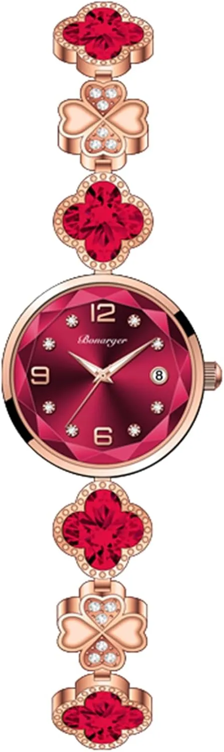 Gosasa Vintage Gold Watch for Women Four-Leaf Clover Diamond Women’s Bracelet Watch Stainless Steel Elegant Dainty Small Ladies Dress Wrist Watch Waterproof Luxury Gift