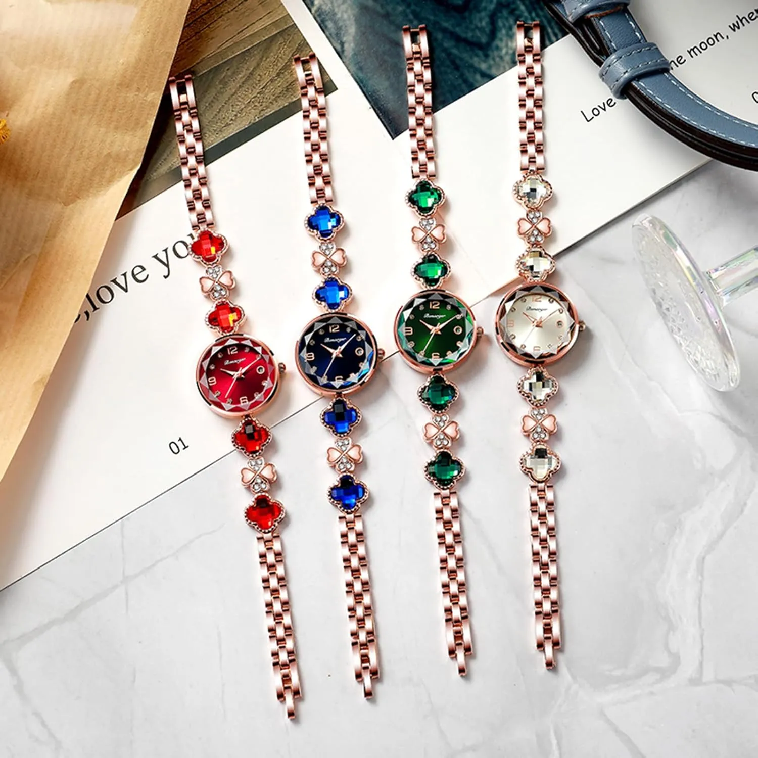 Gosasa Vintage Gold Watch for Women Four-Leaf Clover Diamond Women’s Bracelet Watch Stainless Steel Elegant Dainty Small Ladies Dress Wrist Watch Waterproof Luxury Gift