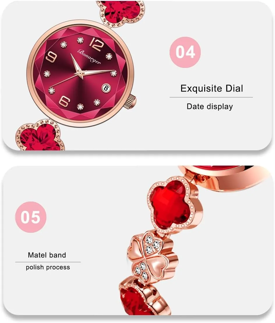Gosasa Vintage Gold Watch for Women Four-Leaf Clover Diamond Women’s Bracelet Watch Stainless Steel Elegant Dainty Small Ladies Dress Wrist Watch Waterproof Luxury Gift