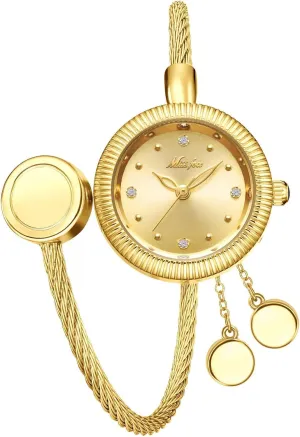 Gosasa Vintage Gold Women's Bracelet Watch Stainless Steel Wire Band Dainty Analog Quartz Waterproof Ladies Dress Watches for Wrist (6.5”-7”) with Hanging Charms