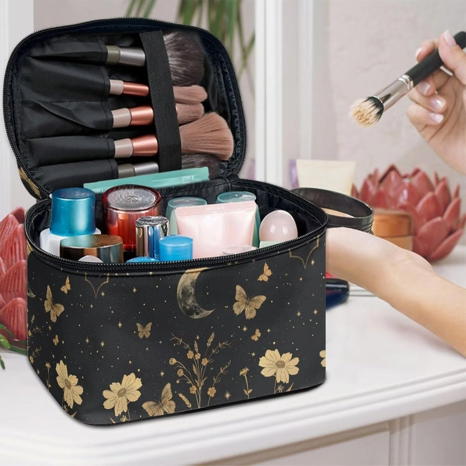 Goth Makeup Bag for Women Star and Moon cosmetic bag with handle on top Butterfly Toiletry Bag for Travel Size Bottles Aesthetic Skincare Travel Bag Cute Black Makeup Organizer Bag for Travel