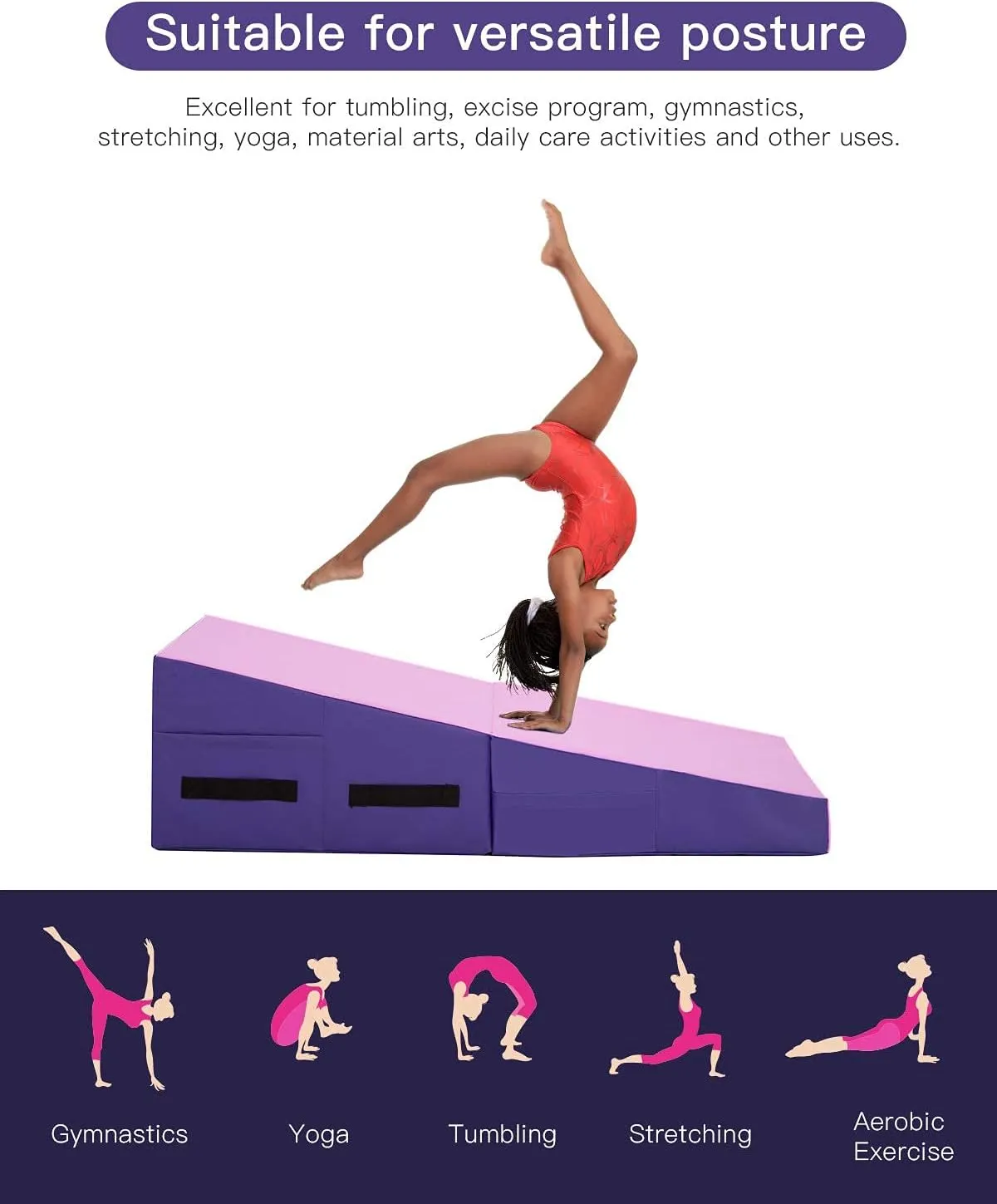 Gymnastics Mat 48"x24"x14" Folding Gymnastics Mat Incline Cheese Wedge Mat Non-slip PVC Surface & Zipper Seal Design Gym Fitness Tumbling Skill Shape Mat for Kids Girls Adult, Pink