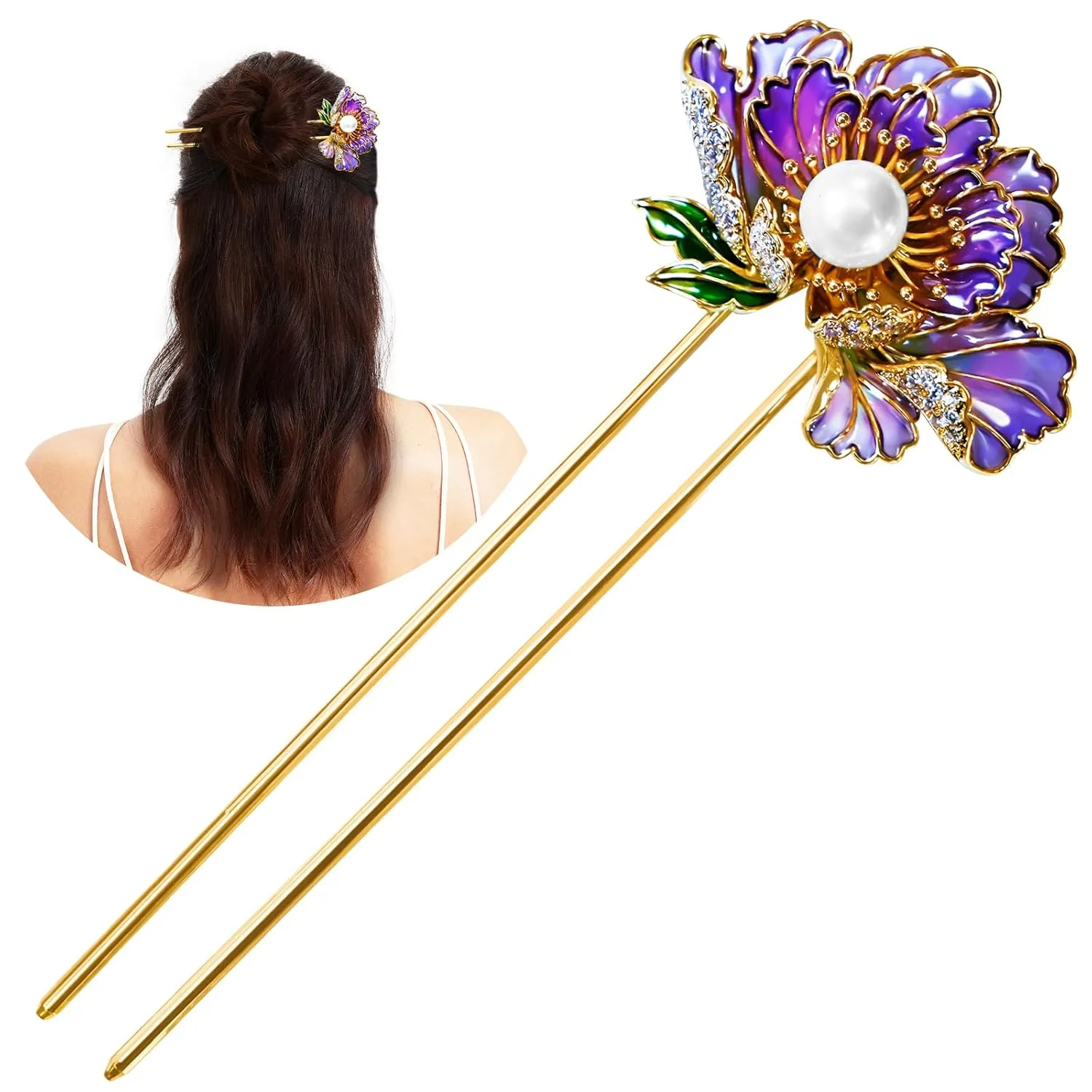 Hair Accessories，14k Gold Plated Copper，Vintage Handcrafted，Colour Enamels Pearl Rich Peony Flower U-Shape Hair Stick And HairClip.Hair Chopsticks For Women