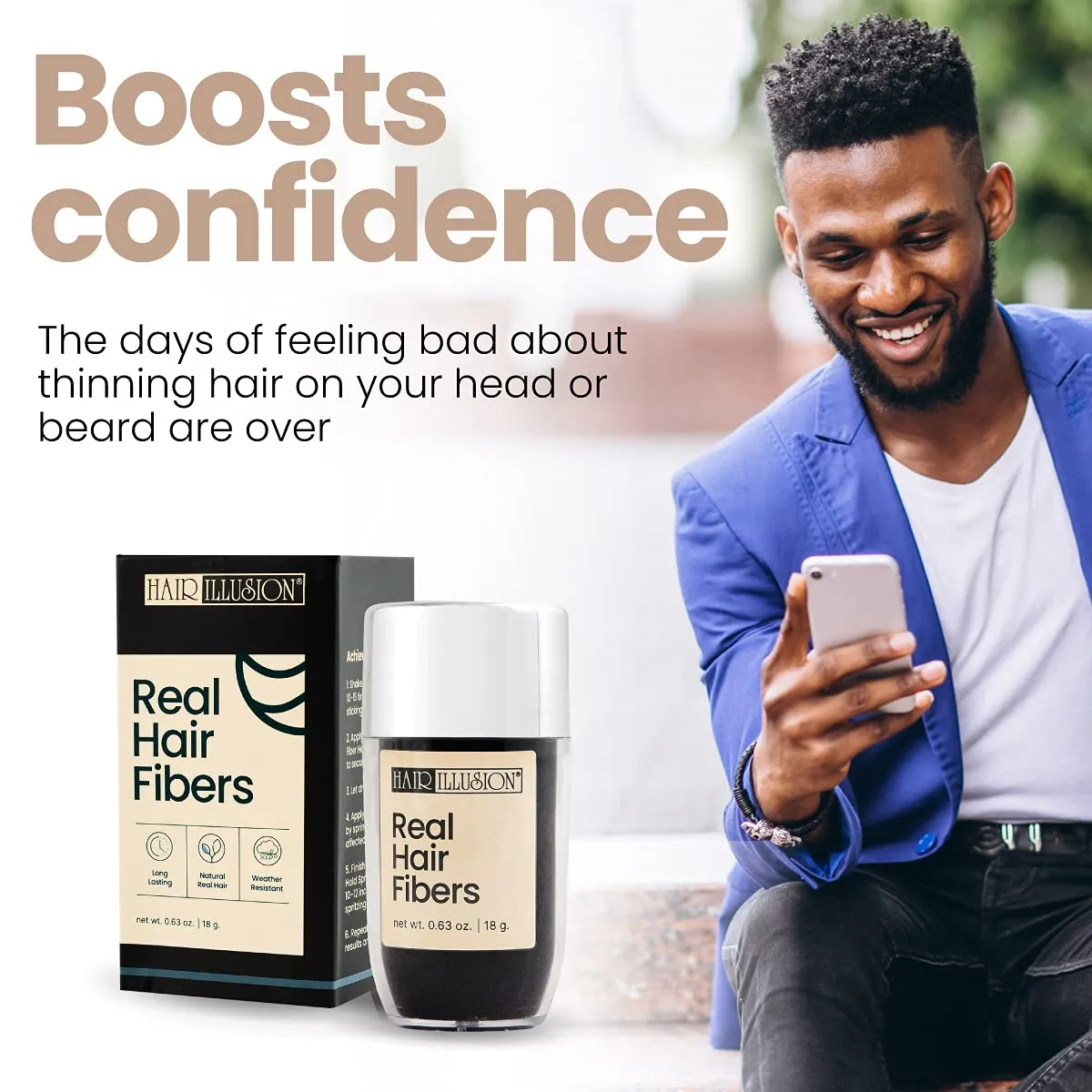 Hair Illusion Black Real Hair Fibers for Thinning Hair - 100% Natural Texture, Non Synthetic Hair Fibers - Bald Spot Cover Up for Women & Men - 18 Gram