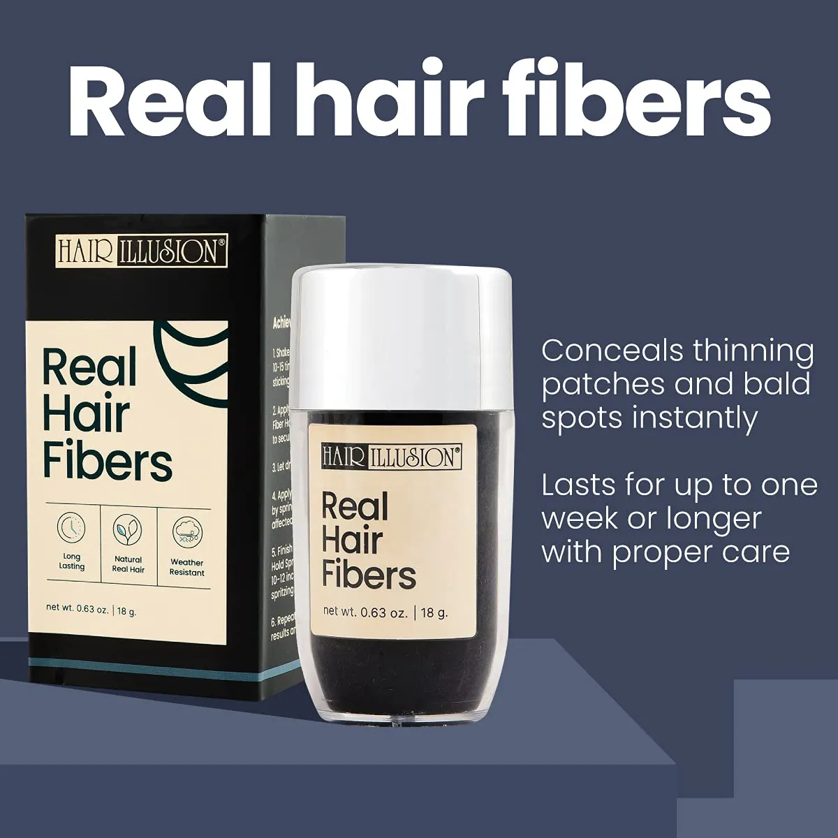 Hair Illusion Black Real Hair Fibers for Thinning Hair - 100% Natural Texture, Non Synthetic Hair Fibers - Bald Spot Cover Up for Women & Men - 18 Gram