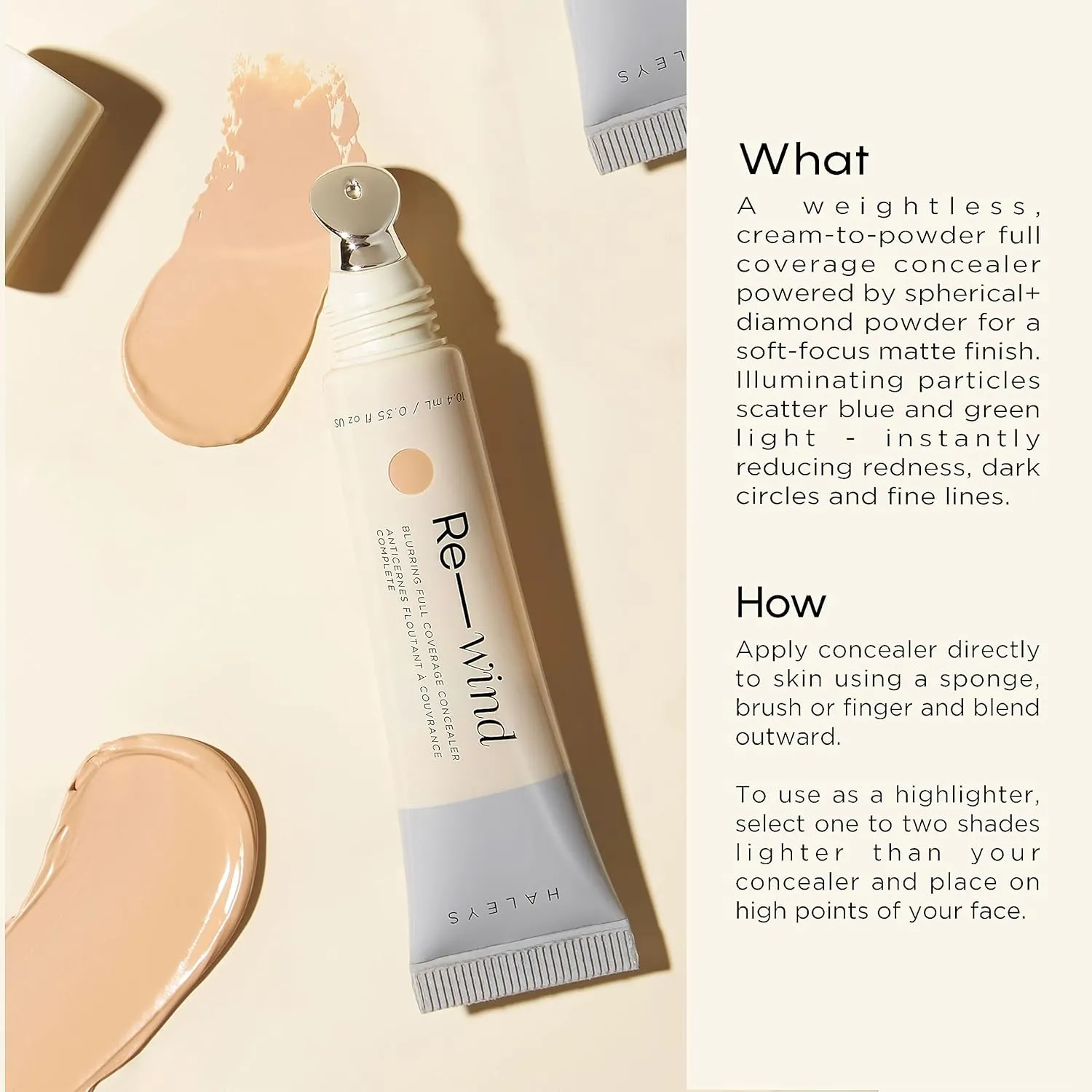 HALEYS Re-wind Blurring Full Coverage Concealer (Light/Medium - Warm), Brighten, Reduce redness, dark circles and fine lines, Non-Caking, Longwear, Nourishes, Lightweight, Soft-Matte Finish, V   CF