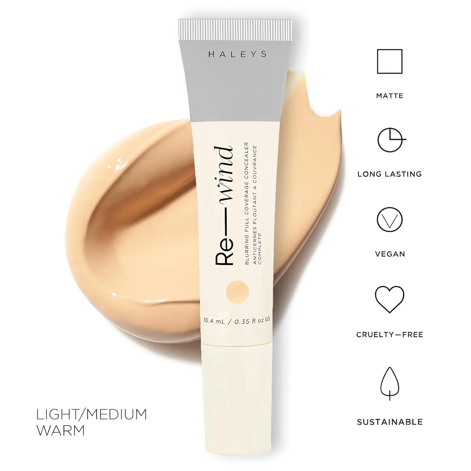 HALEYS Re-wind Blurring Full Coverage Concealer (Light/Medium - Warm), Brighten, Reduce redness, dark circles and fine lines, Non-Caking, Longwear, Nourishes, Lightweight, Soft-Matte Finish, V   CF