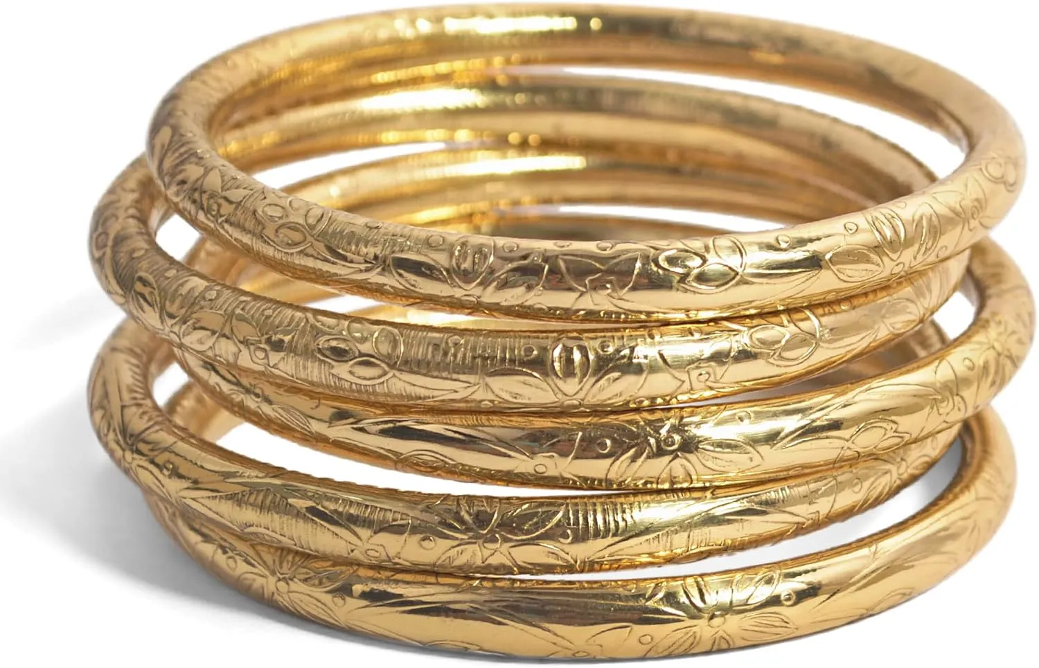 Handmade Brass Pipe Bangle Set – Floral Embossed Slim Round Bangles in Golden Finish – Stackable Bracelet Set for Women – Sine qua non Viscondesa Collection